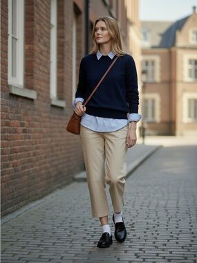Cropped 90's Preppy CBK Cotton Tan Pants with Side Zipper and Slits at Bottom
